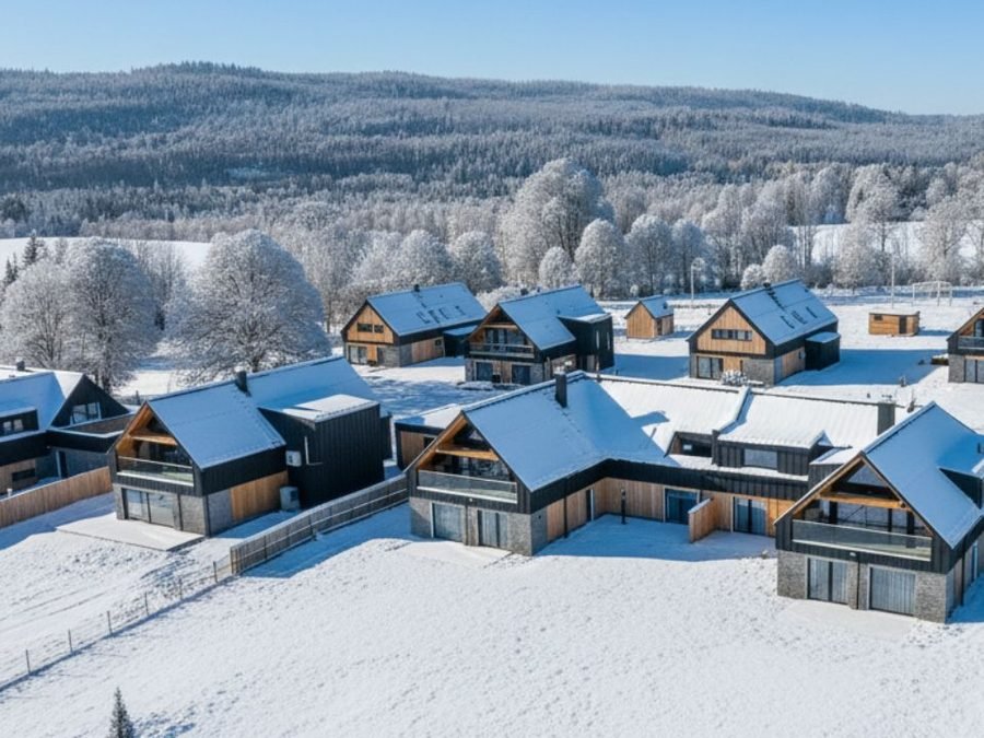 Zasněžený areál apartmánů z ptačí perspektivy